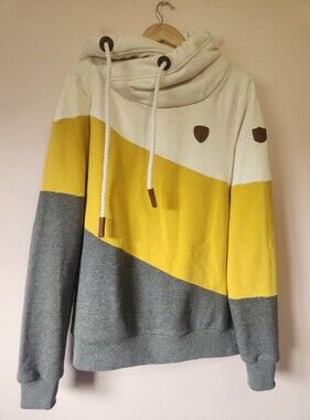 Wanakome Selene Colorblock Cowl Neck Hoodie Yellow Grey Cream Size XL EUC